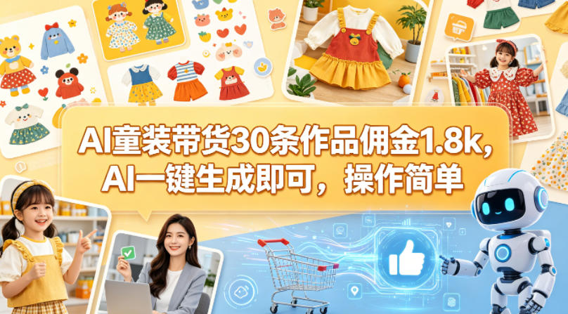 AI童装带货30条作品佣金1.8k，AI一键生成即可，操作简单 - 来及网络