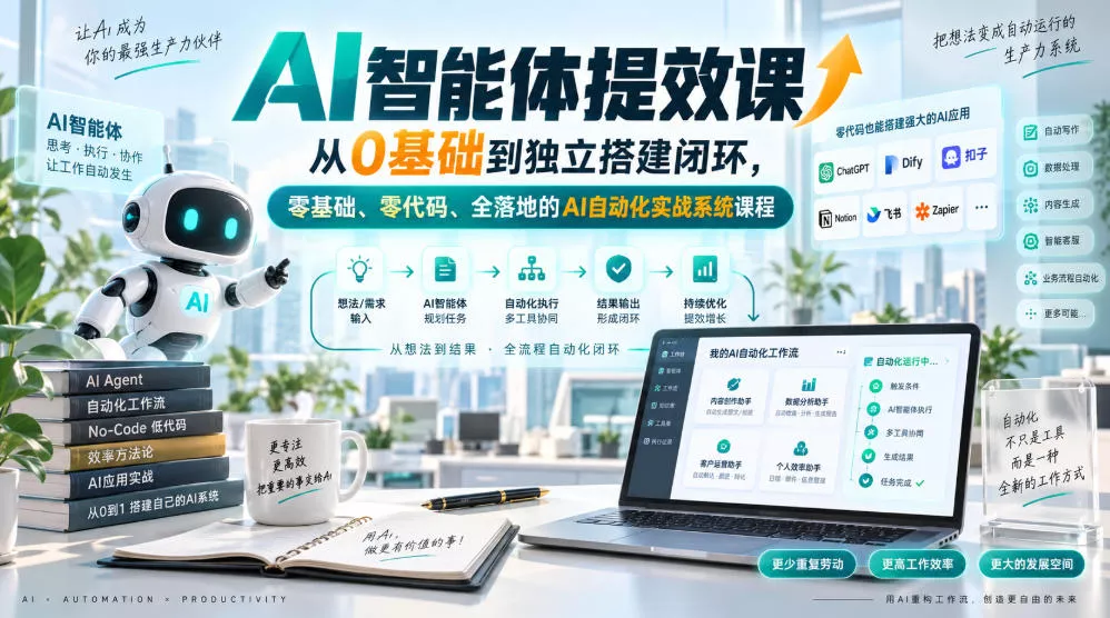 AI智能体提效课，从0基础到独立搭建闭环，零基础、零代码、全落地的AI自动化实战系统课程 - 来及网络