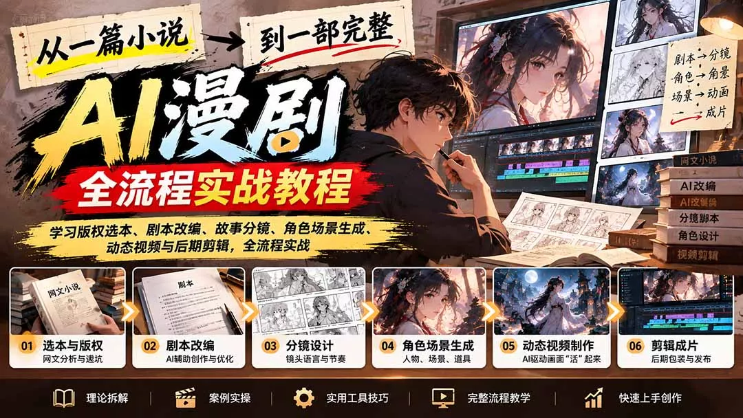 从一篇小说到一部完整AI漫剧：学习版权选本、剧本改编、故事分镜、角色场景生成、动态视频与后期剪辑 - 来及网络