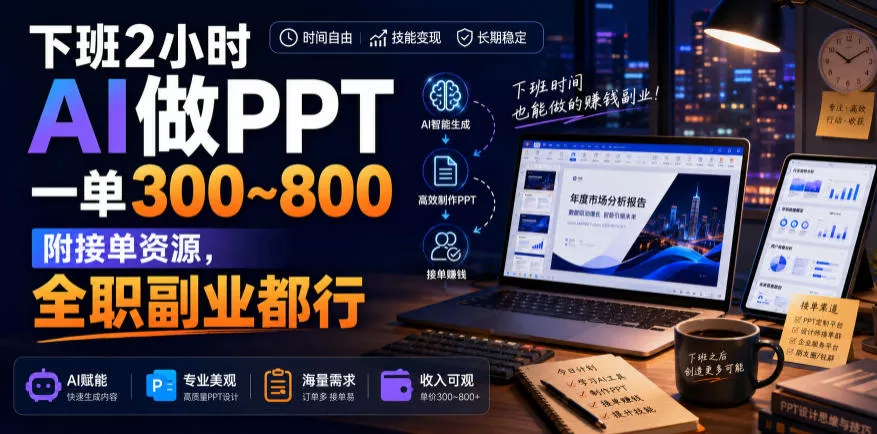 下班2小时AI做PPT，一单300~800，附接单资源，全职副业都行【揭秘】 - 来及网络