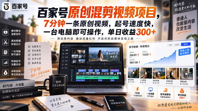 百家号原创混剪视频项目，7分钟一条原创视频，起号速度快，一台电脑即可操作，单日收益300+ - 来及网络