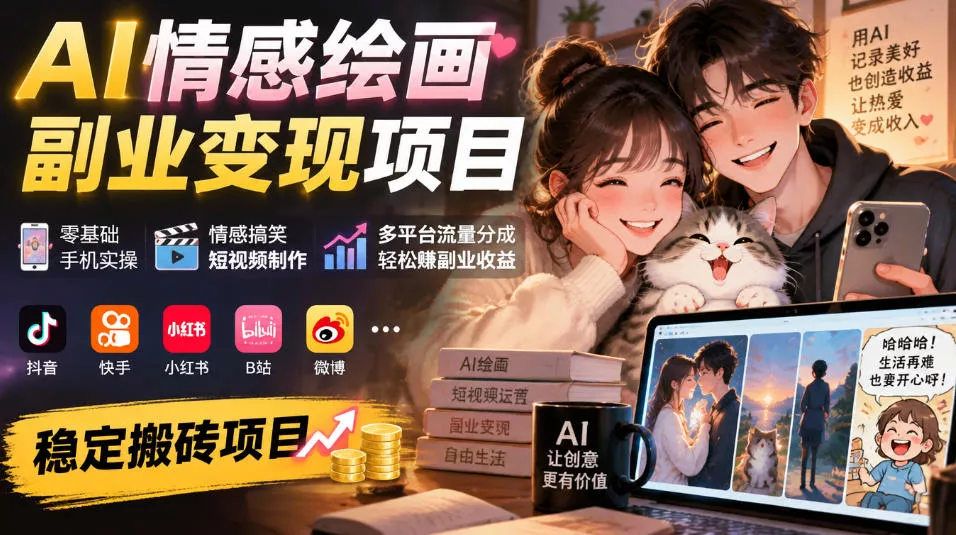 AI情感绘画副业变现项目｜零基础手机实操，情感搞笑短视频制作，多平台流量分成轻松賺副业收益 - 来及网络
