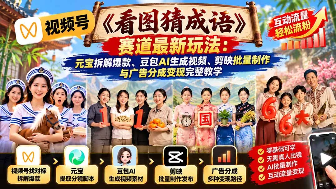视频号《看图猜成语》赛道最新玩法：元宝拆解爆款、豆包AI生成视频、剪映批量制作与广告分成变现完整教学 - 来及网络