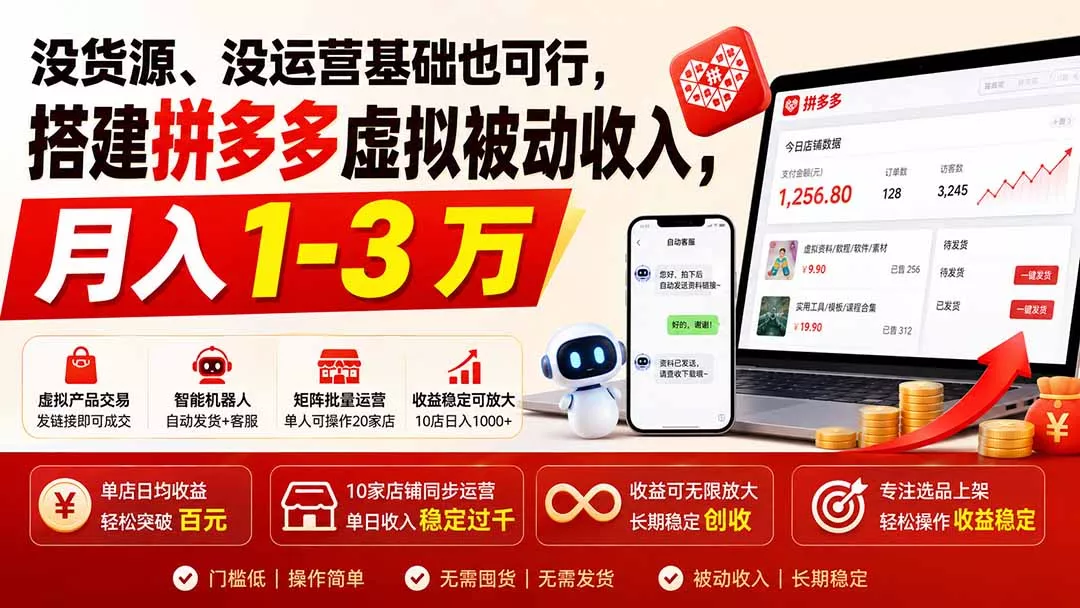 没货源、没运营基础也可行，搭建多多虚拟被动收入，月入 1-3 万 - 来及网络