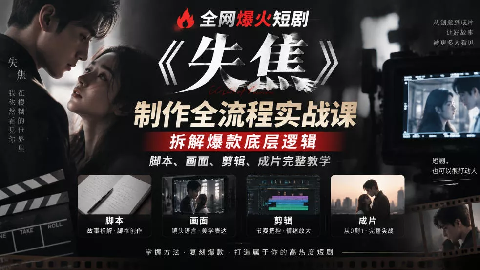 全网爆火短剧《失焦》制作全流程实战课｜拆解爆款底层逻辑，脚本、画面、剪辑、成片完整教学 - 来及网络