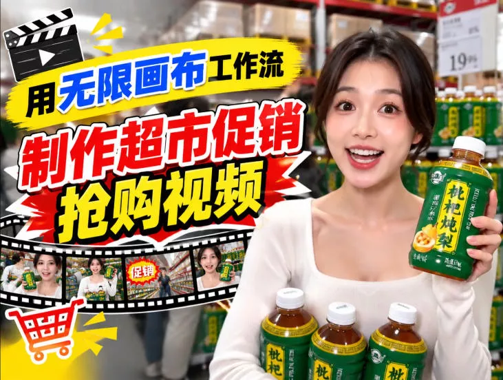 无限画布超市促销抢购视频工作流，一键产出TikTok抖音带货短视频 - 来及网络