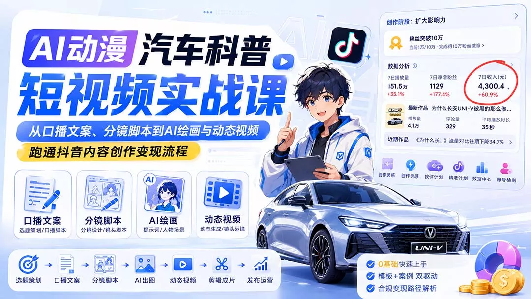 AI动漫汽车科普短视频实战课：从口播文案、分镜脚本到AI绘画与动态视频，跑通抖音内容创作变现流程 - 来及网络