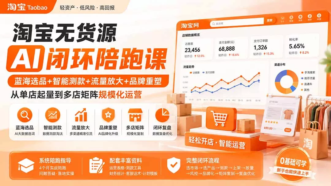 淘宝无货源AI闭环陪跑课：蓝海选品+智能测款+流量放大+品牌重塑，从单店起量到多店矩阵规模化运营 - 来及网络