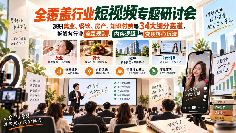 短视频专题研讨会，深耕美业、餐饮、房产、知识付费等34大细分赛道，拆解各行业流量规则、内容逻辑与变现核心玩法 - 来及网络
