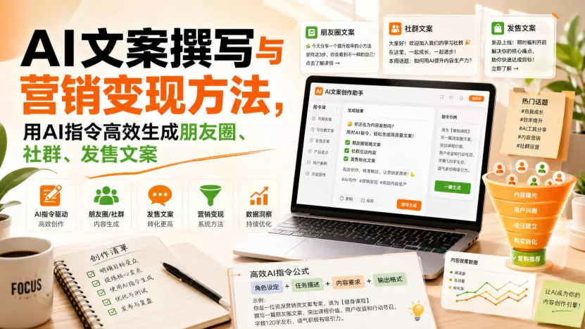AI文案撰写与营销变现方法，用AI指令高效生成朋友圈、社群、发售文案 - 来及网络
