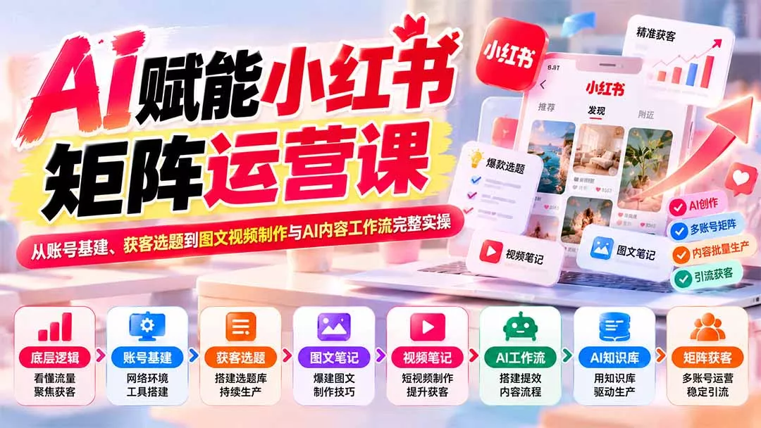 AI赋能小红书矩阵运营课：从账号基建、获客选题到图文视频制作与AI内容工作流完整实操 - 来及网络