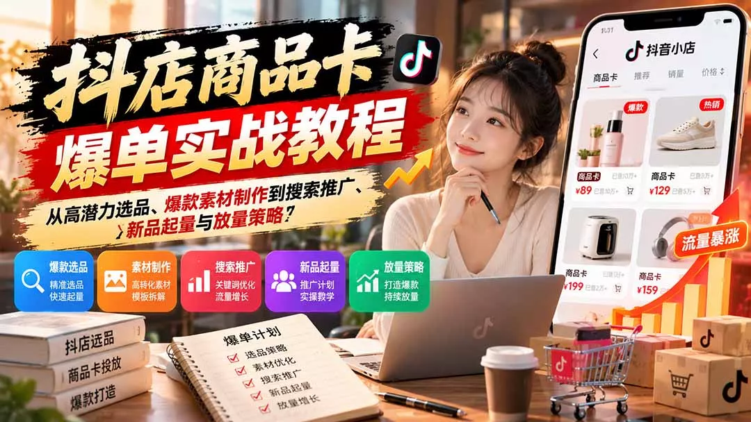 抖店商品卡爆单实战教程：从高潜力选品、爆款素材制作到搜索推广、新品起量与放量策略 - 来及网络