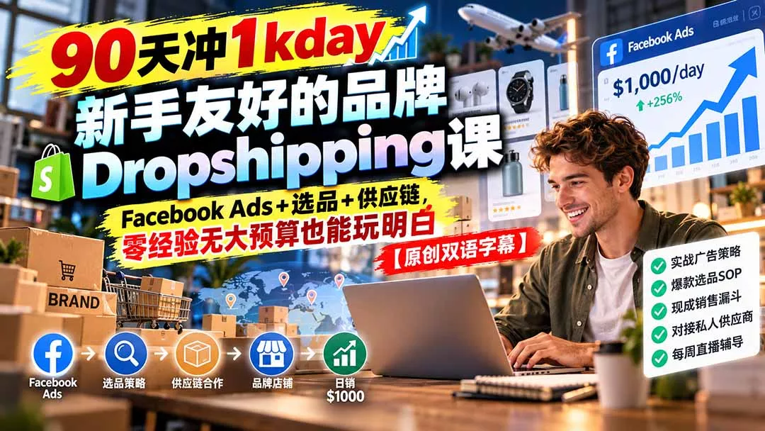 90天冲1kday 新手友好的品牌Dropshipping课：Facebook Ads+选品+供应链，零经验无大预算也能玩明白【原创双语字幕】 - 来及网络