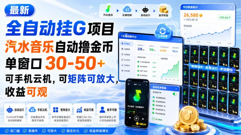 最新全自动挂G项目，汽水音乐自动撸金币单窗口30-50+，可手机云机，可矩阵可放大，收益可观 - 来及网络