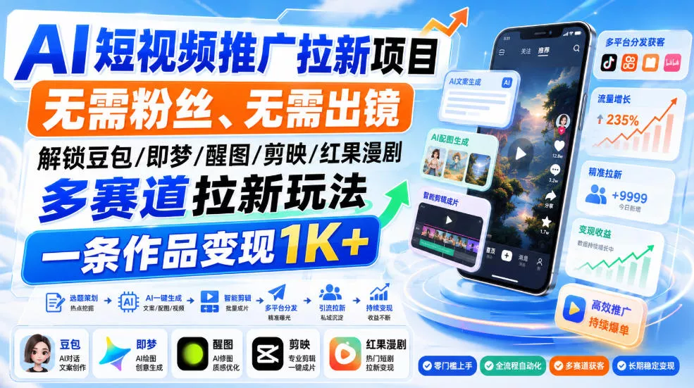 AI短视频推广拉新项目，无需粉丝、无需出镜，解锁豆包/即梦/醒图/剪映/红果漫剧多赛道拉新玩法，一条作品变现1K+ - 来及网络