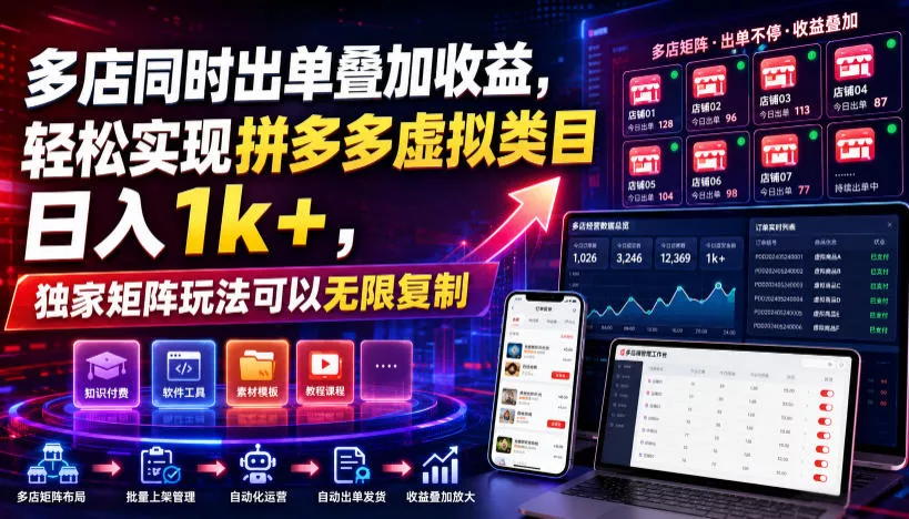 多店同时出单叠加收益，轻松实现拼多多虚拟类目日入1k+，独家矩阵玩法可以无限复制【揭秘】 - 来及网络