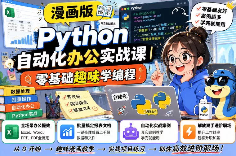 漫画版Python自动化办公实战课｜零基础趣味学编程，全场景办公提效、批量搞定报表文档、解放双手进阶职场 - 来及网络