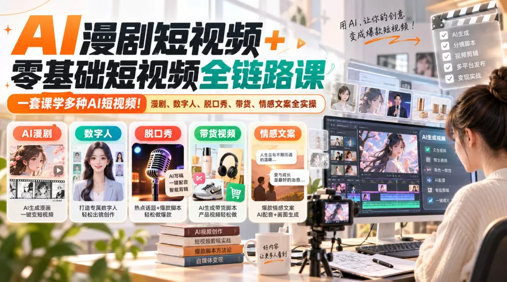 AI漫剧短视频+零基础短视频全链路课，一套课学多种AI短视频！漫剧、数字人、脱口秀、带货、情感文案全实操 - 来及网络