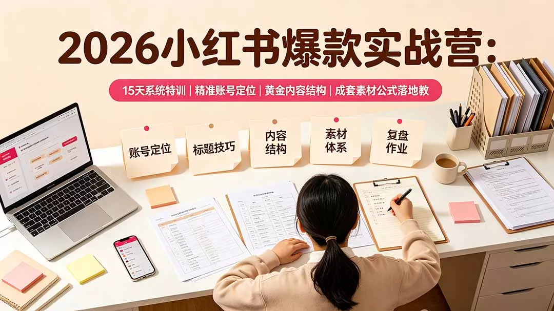 2026小红书爆款实战营：15天系统特训｜精准账号定位｜黄金内容结构｜成套素材公式落地教程 - 来及网络