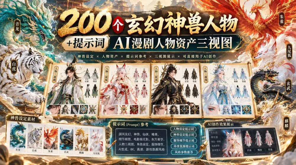 200个玄幻神兽人物+提示词ai漫剧人物资产三视图 - 来及网络
