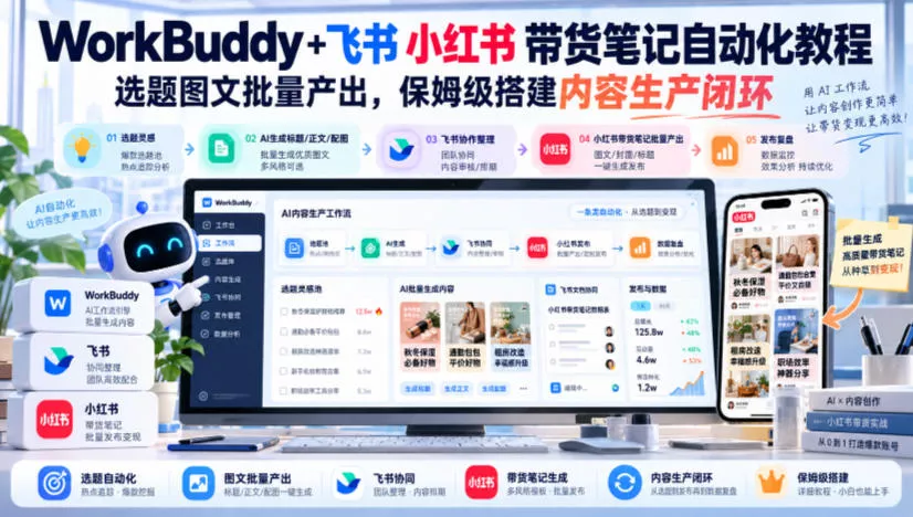 WorkBuddy+飞书小红书带货笔记自动化教程，选题图文批量产出，保姆级搭建内容生产闭环【文档】 - 来及网络