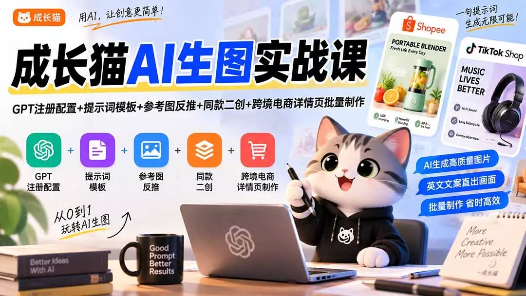成长猫AI生图实战课｜GPT注册配置+提示词模板+参考图反推+同款二创+跨境电商详情页批量制作 - 来及网络