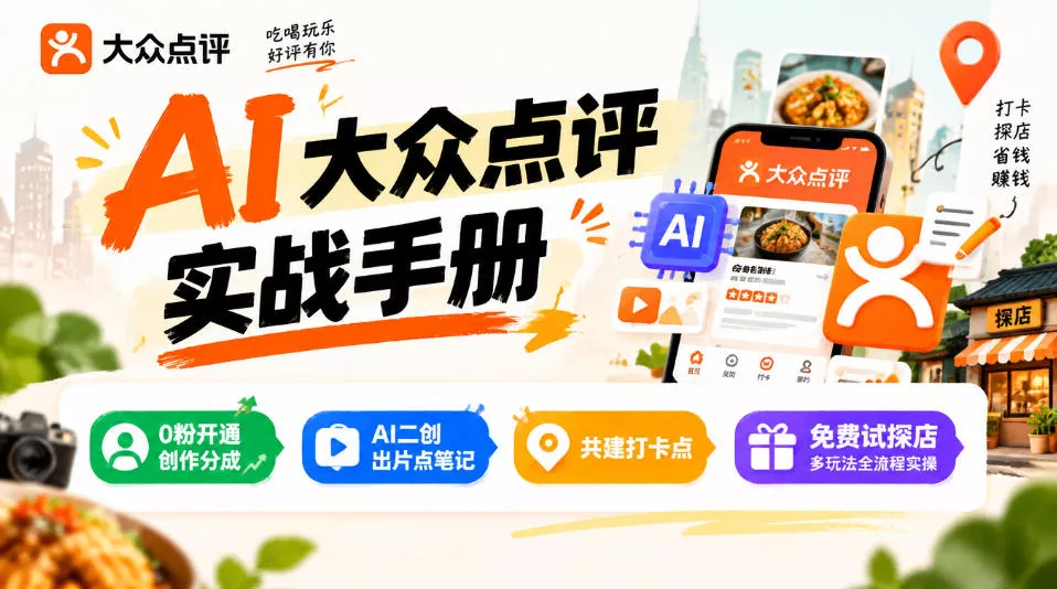 某局的AI大众点评实战手册，0粉开通创作分成、AI二创出片点笔记、共建打卡点、免费试探店多玩法全流程实操 - 来及网络