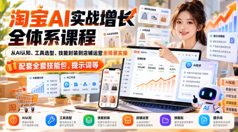 淘宝AI实战增长全体系课程，从AI认知、工具选型、技能封装到店铺运营全场景实操，配套全套技能包、提示词等 - 来及网络