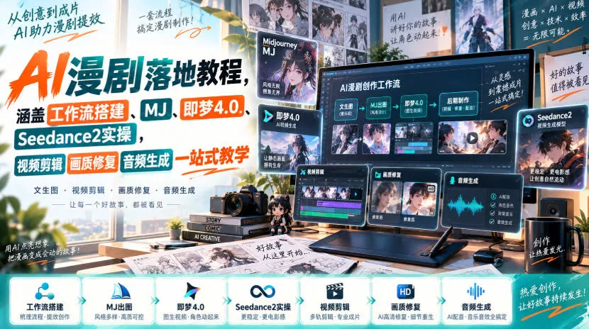 AI漫剧落地教程，涵盖工作流搭建、MJ、即梦4.0、Seedance2实操，视频剪辑画质修复音频生成一站式教学 - 来及网络