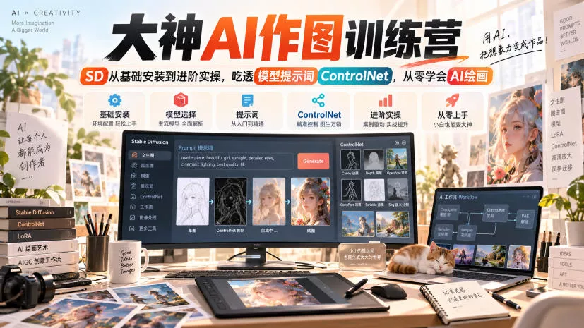 大神AI作图训练营，SD从基础安装到进阶实操，吃透模型提示词ControlNet，从零学会AI绘画 - 来及网络