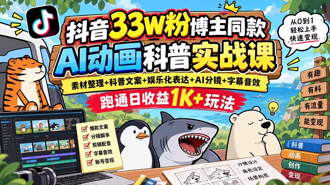 抖音33W粉博主同款AI动画科普实战课｜素材整理+科普文案+娱乐化表达+AI分镜+字幕音效，跑通日收益1K+玩法 - 来及网络