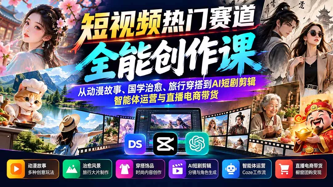 短视频热门赛道全能创作课：从动漫故事、国学治愈、旅行穿搭到AI短剧剪辑、智能体运营与直播电商带货 - 来及网络