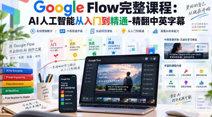 【无水印】Google Flow完整课程：AI人工智能从入门到精通-精翻中英字幕 - 来及网络