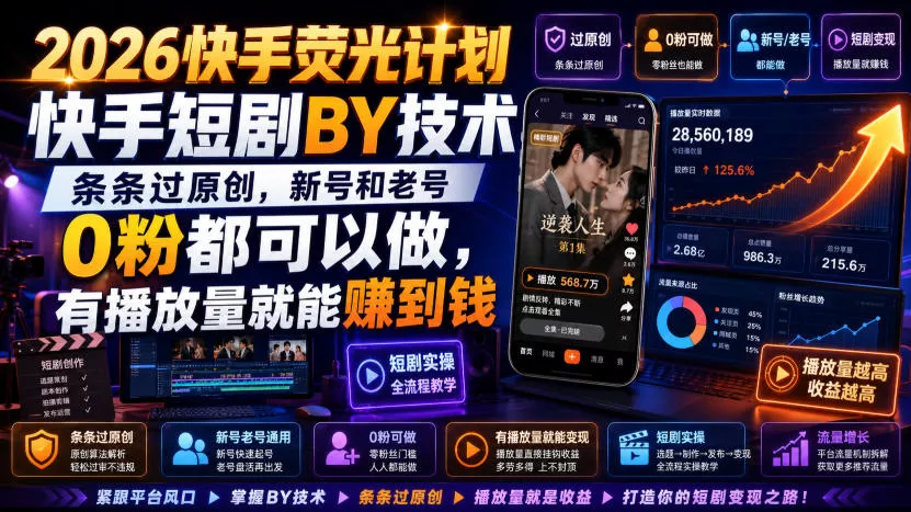 2026快手荧光计划，快手短剧搬运技术，条条过原创，新号和老号0粉都可以做，有播放量就能賺到钱 - 来及网络