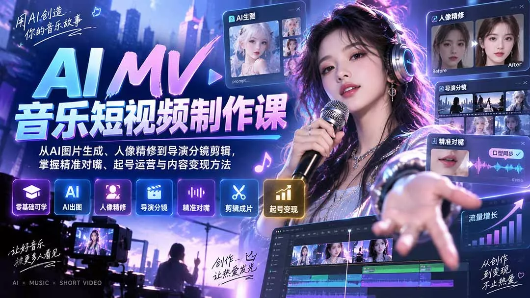 AI MV音乐短视频制作课：从AI图片生成、人像精修到导演分镜剪辑，掌握精准对嘴、起号运营与内容变现方法 - 来及网络