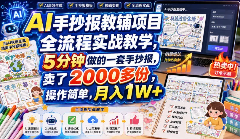 AI手抄报教辅项目全流程实战教学，5分钟做的一套手抄报，卖了2000多份，操作简单，月入1W+ - 来及网络