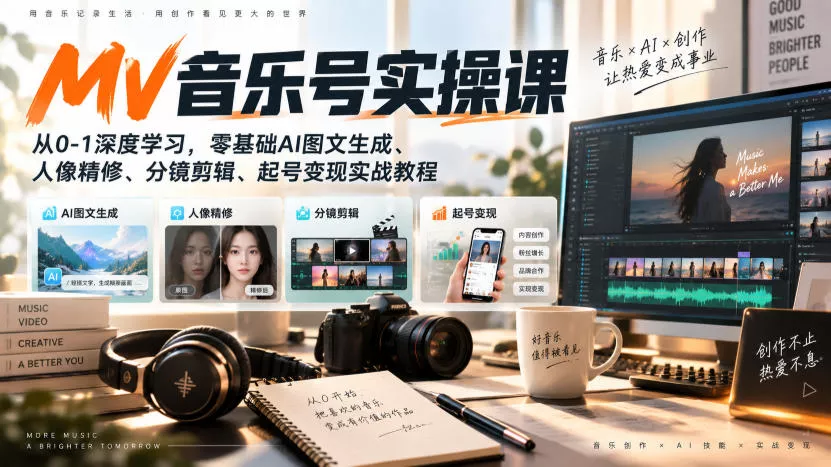 AI MV音乐号实操课，从0-1深度学习，零基础AI图文生成、人像精修、分镜剪辑、起号变现实战教程 - 来及网络