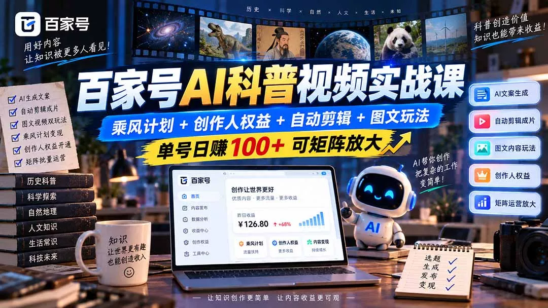 百家号AI科普视频实战课：乘风计划+创作人权益+自动剪辑+图文玩法，单号日赚100+可矩阵放大 - 来及网络