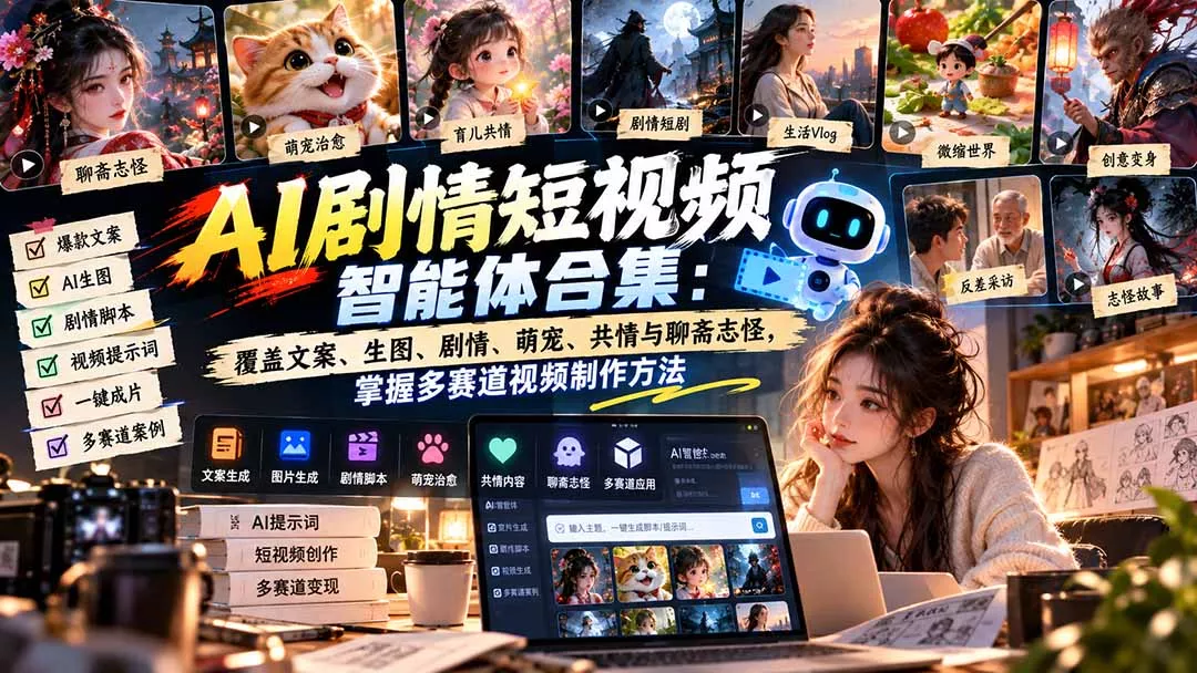 【无水印】AI剧情短视频智能体合集：覆盖文案、生图、剧情、萌宠、共情与聊斋志怪，掌握多赛道视频制作方法 - 来及网络