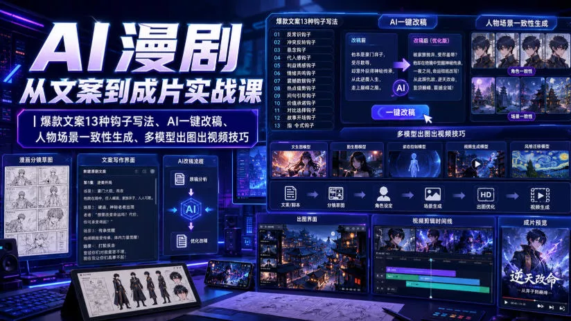 AI漫剧从文案到成片实战课｜爆款文案13种钩子写法、AI一键改稿、人物场景一致性生成、多模型出图出视频技巧 - 来及网络