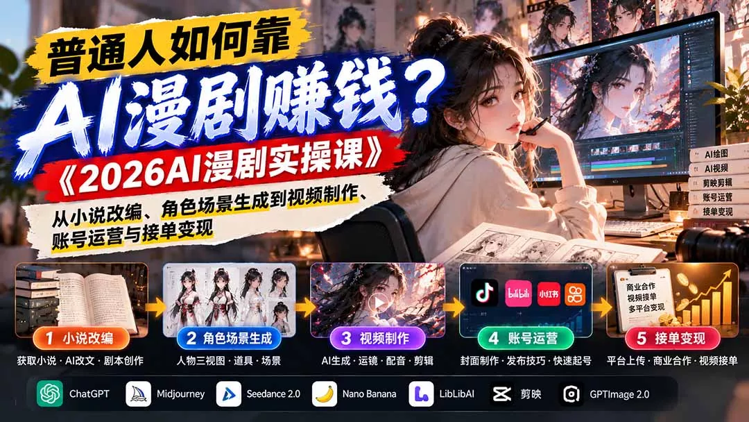 普通人如何靠AI漫剧赚钱？《2026AI漫剧实操课》从小说改编、角色场景生成到视频制作、账号运营与接单变现 - 来及网络
