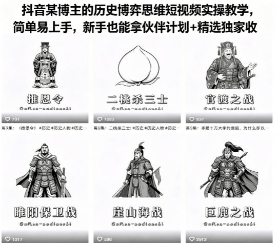 抖音某博主的历史博弈思维短视频实操教学，简单易上手，新手也能拿伙伴计划+精选独家收益 - 来及网络