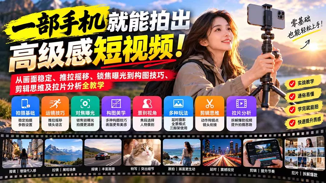 一部手机就能拍出高级感短视频！从画面稳定、推拉摇移、锁焦曝光到构图技巧、剪辑思维及拉片分析全教学 - 来及网络