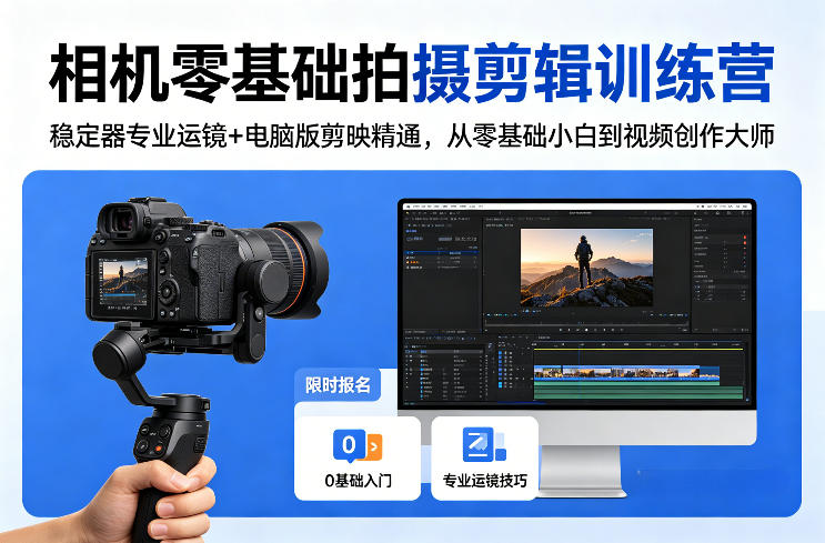 相机零基础拍摄剪辑训练营：稳定器专业运镜+电脑版剪映精通，从零基础小白到视频创作大师 - 来及网络