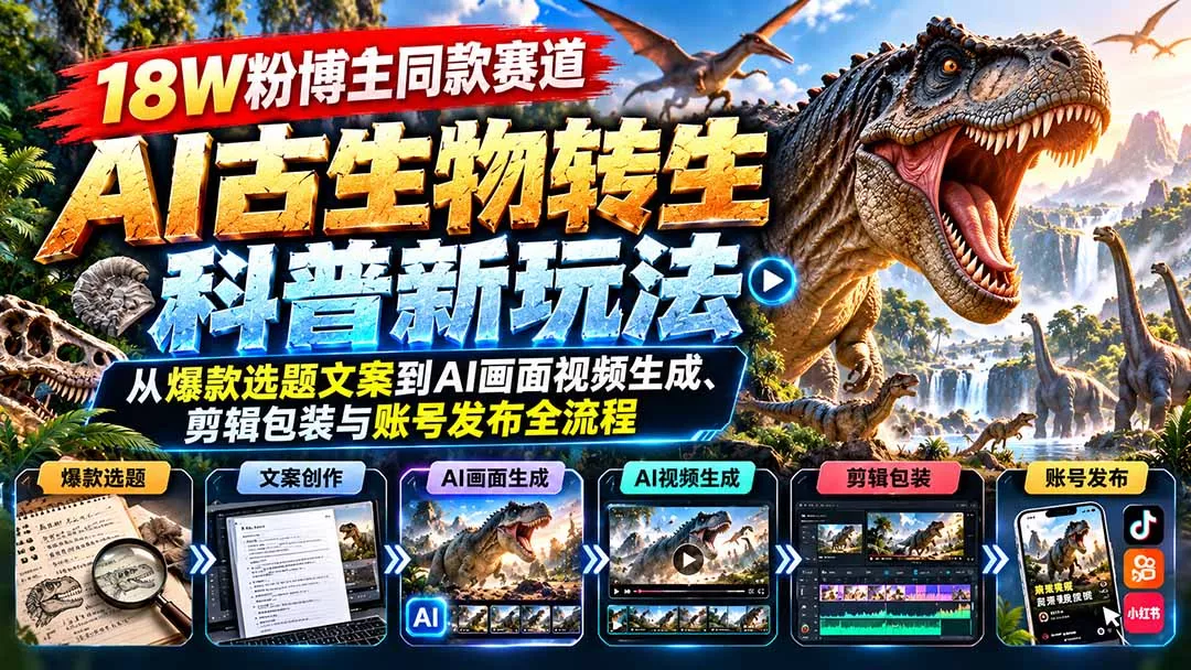 18W粉博主同款赛道-AI古生物转生科普新玩法：从爆款选题文案到AI画面视频生成、剪辑包装与账号发布全流程 - 来及网络