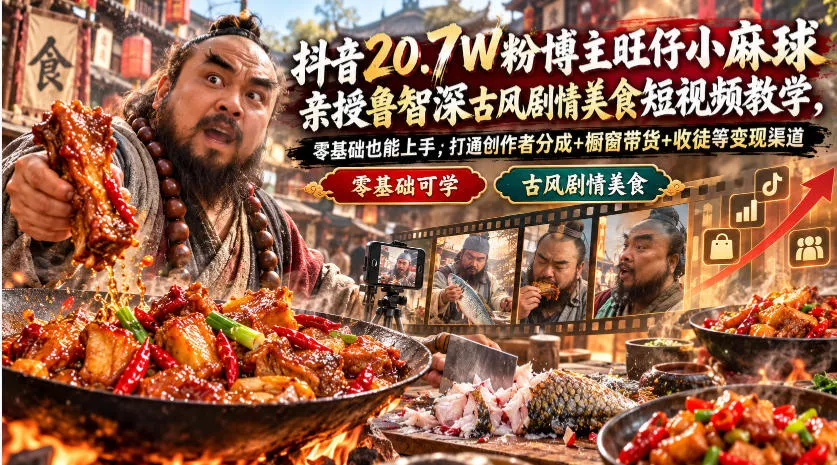 抖音20.7W粉博主旺仔小麻球亲授鲁智深古风剧情美食短视频教学，零基础也能上手，打通创作者分成+橱窗带货+收徒等变现渠道 - 来及网络