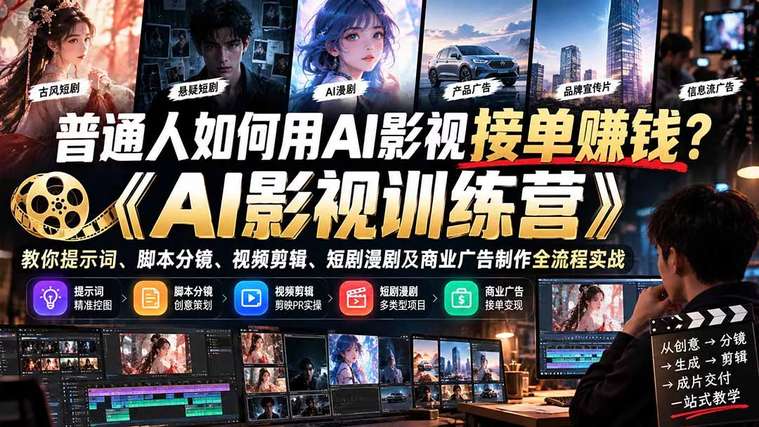 普通人如何用AI影视接单赚钱？《AI影视训练营》教你提示词、脚本分镜、视频剪辑、短剧漫剧及商业广告制作全流程实战 - 来及网络