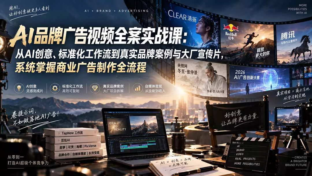 AI品牌广告视频全案实战课：从AI创意、标准化工作流到真实品牌案例与大厂宣传片，系统掌握商业广告制作全流程 - 来及网络