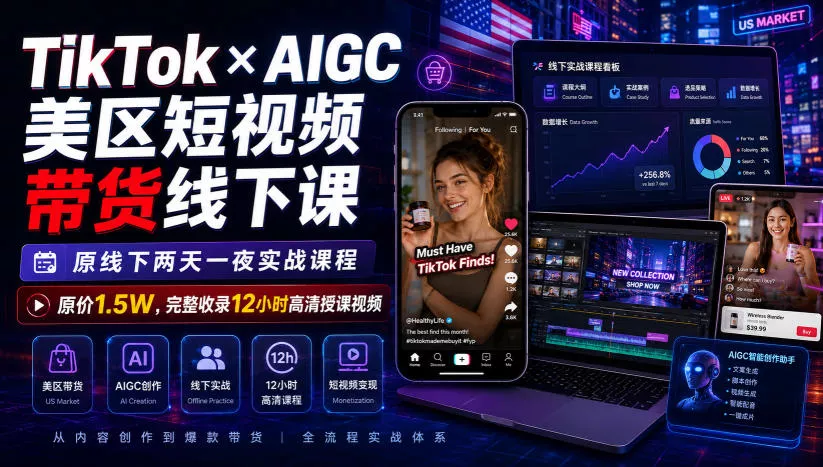TikTok×AIGC美区短视频带货线下课，原线下两天一夜实战课程，原价1.5W，完整收录12小时高清授课视频 - 来及网络
