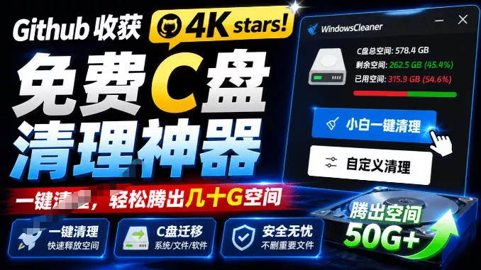 Github收获4K stars！免费C盘清理神器，轻松腾出几十G空间，支持C盘迁移Windows Cleaner - 来及网络